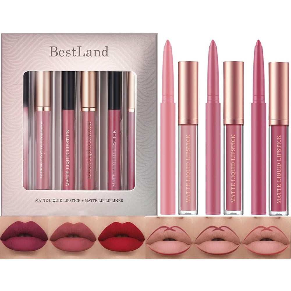 BestLand 6 Piece Matte Liquid Lipstick and Lip Liner Set front view in retail packaging box