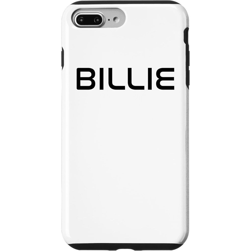 Billie cool font phone case front view showing modern black typography on white background