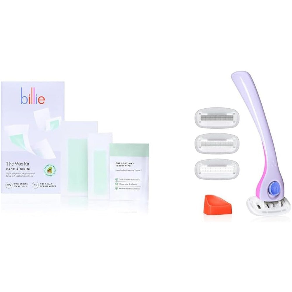 Billie Wax Kit Face & Bikini 32 Strips, Post Wax Serum Wipe 5 Blade Razor Refill