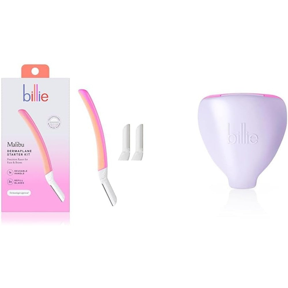 Billie Dermaplane Starter Kit front view showing the reusable lilac handle and steel blades.