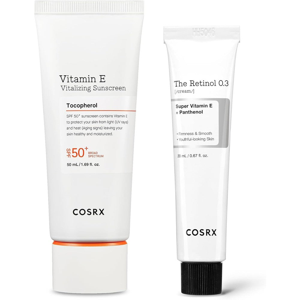 COSRX Ultimate Glow Sun and Night Duo front packaging displaying the sunscreen tube and retinol cream box