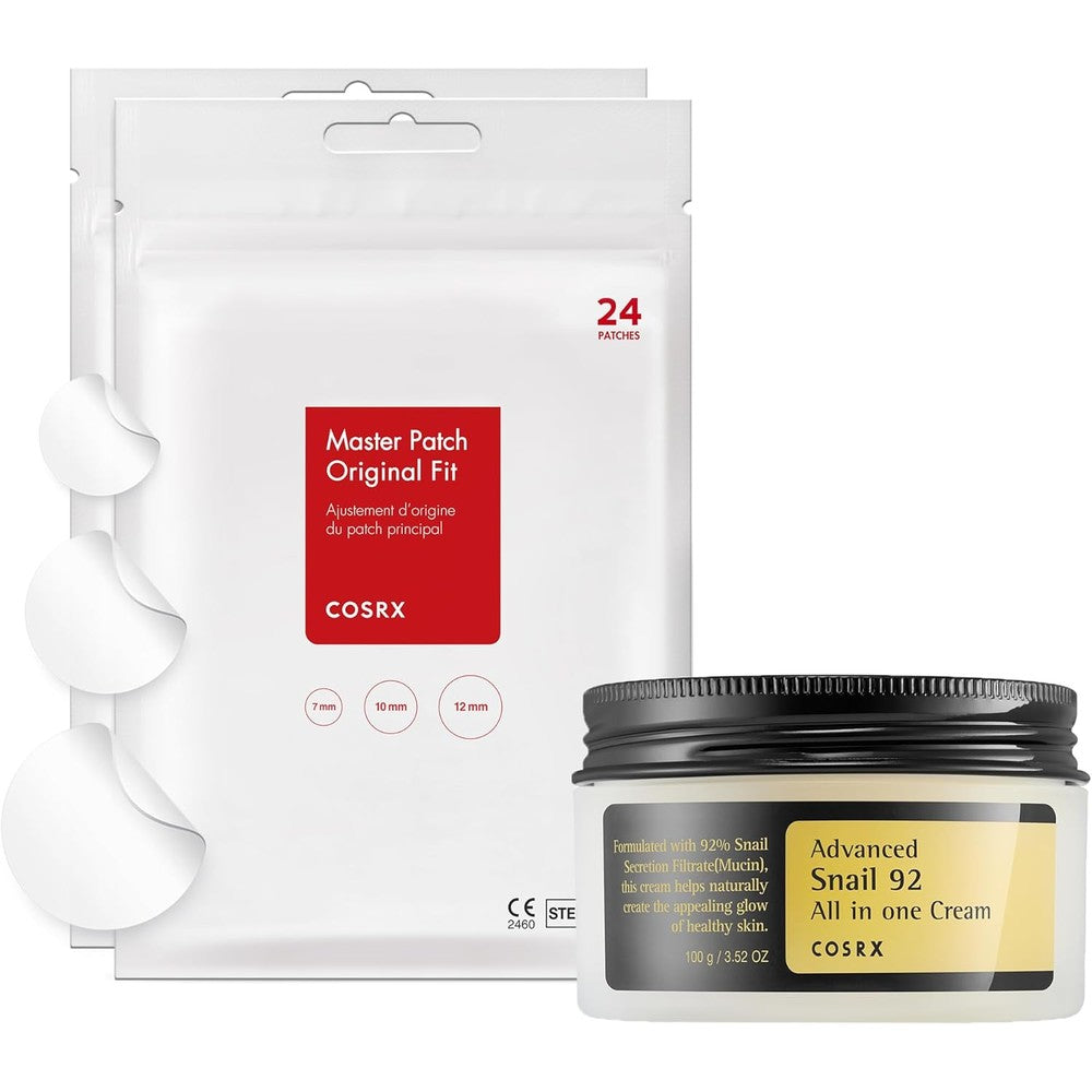 COSRX Acne Healing Duo front packaging view featuring pimple patches and snail mucin moisturizer cream for clear skin