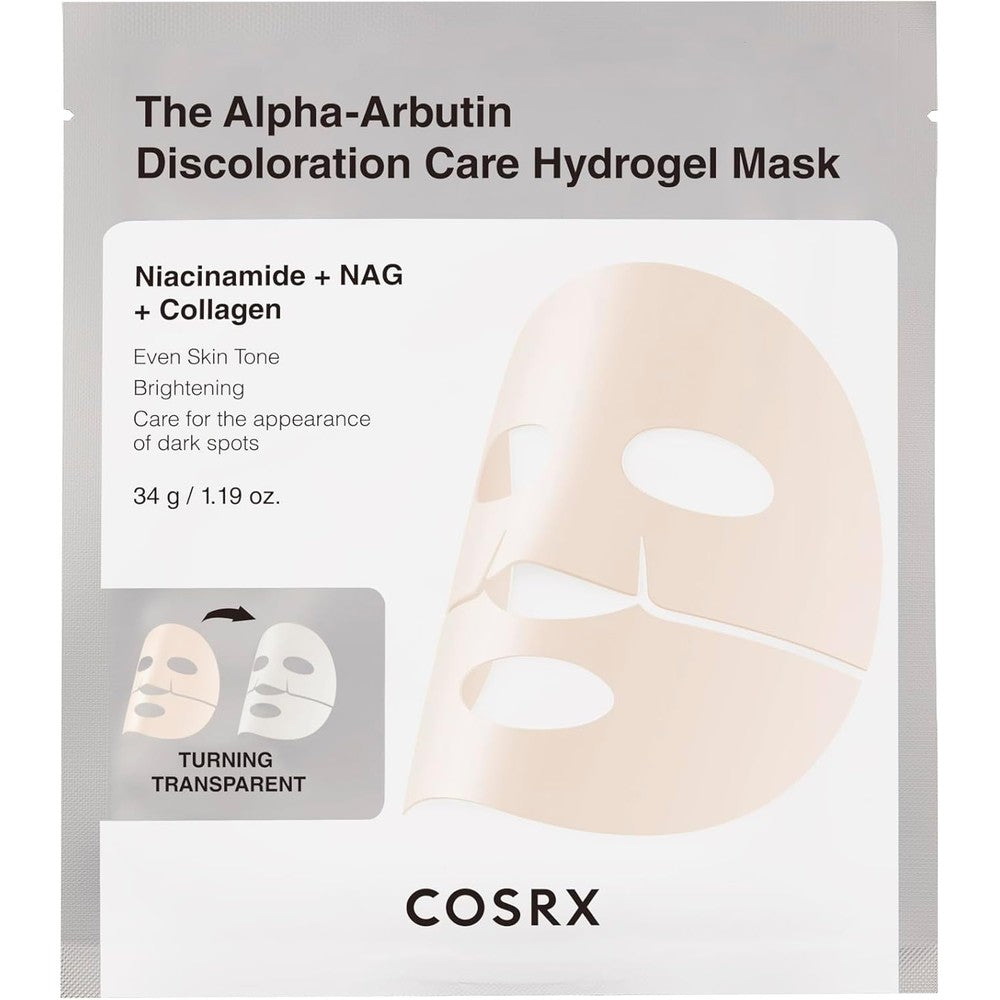 COSRX The Alpha-Arbutin Discoloration Care Hydrogel Face Mask packaging front view for hyperpigmentation treatment