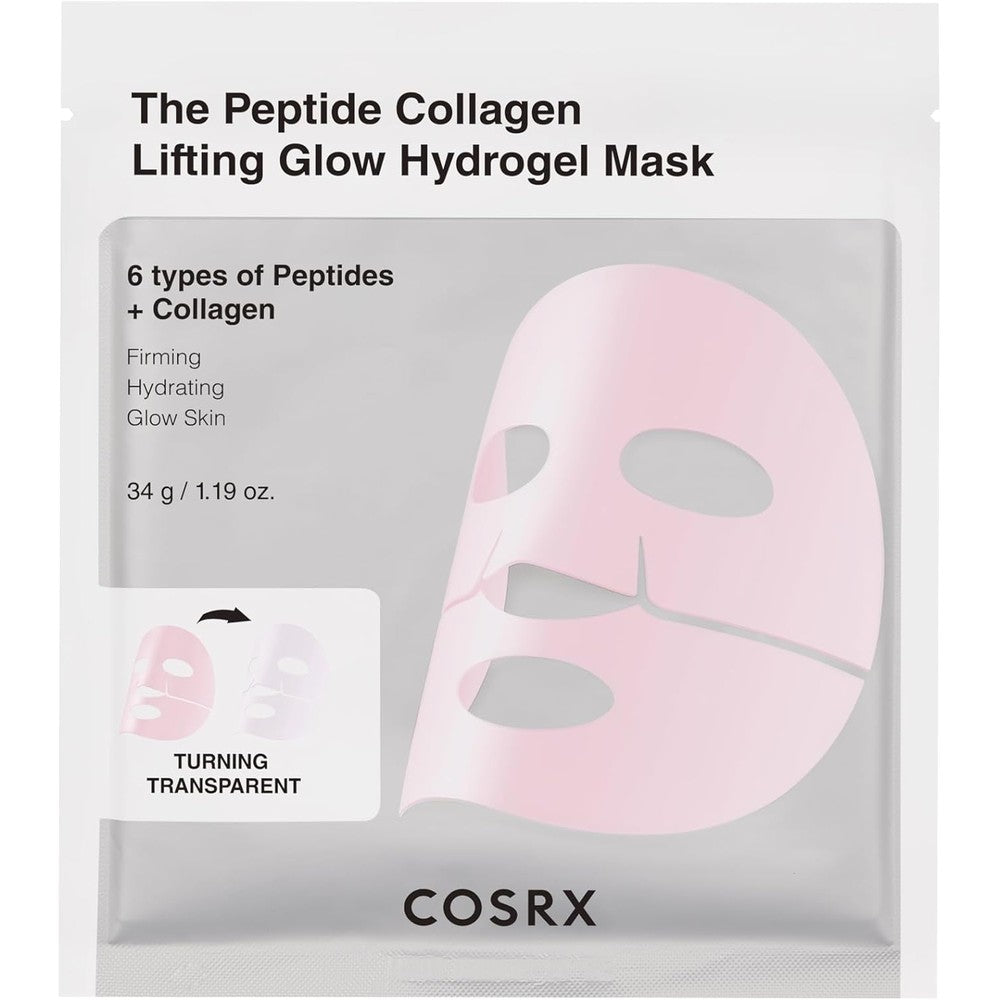 COSRX The Peptide Collagen Lifting Glow Hydrogel Face Mask front packaging view showcasing anti aging benefits
