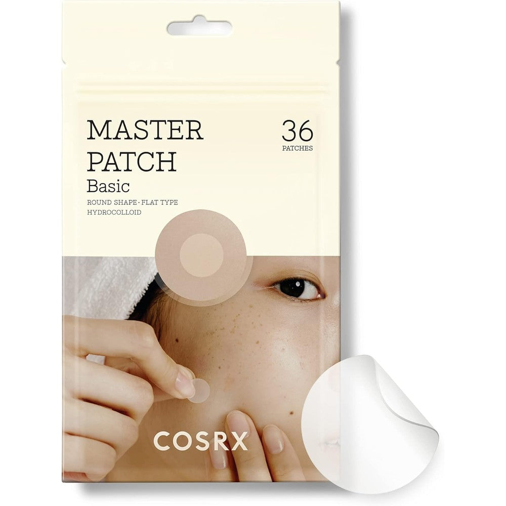 COSRX Master Patch Basic 36 Count retail packaging front view showcasing authentic hydrocolloid acne pimple stickers