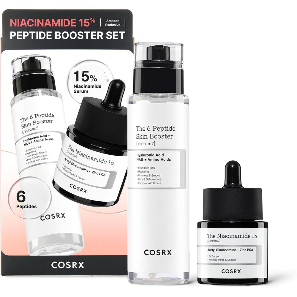COSRX Niacinamide 15 Percent and Peptide Booster Set front view showing both original bottles for Korean glass skin routine.