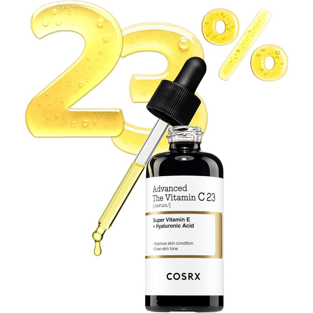 COSRX Advanced Pure Vitamin C 23 Percent Serum front view bottle on plain background for brightening dark spots