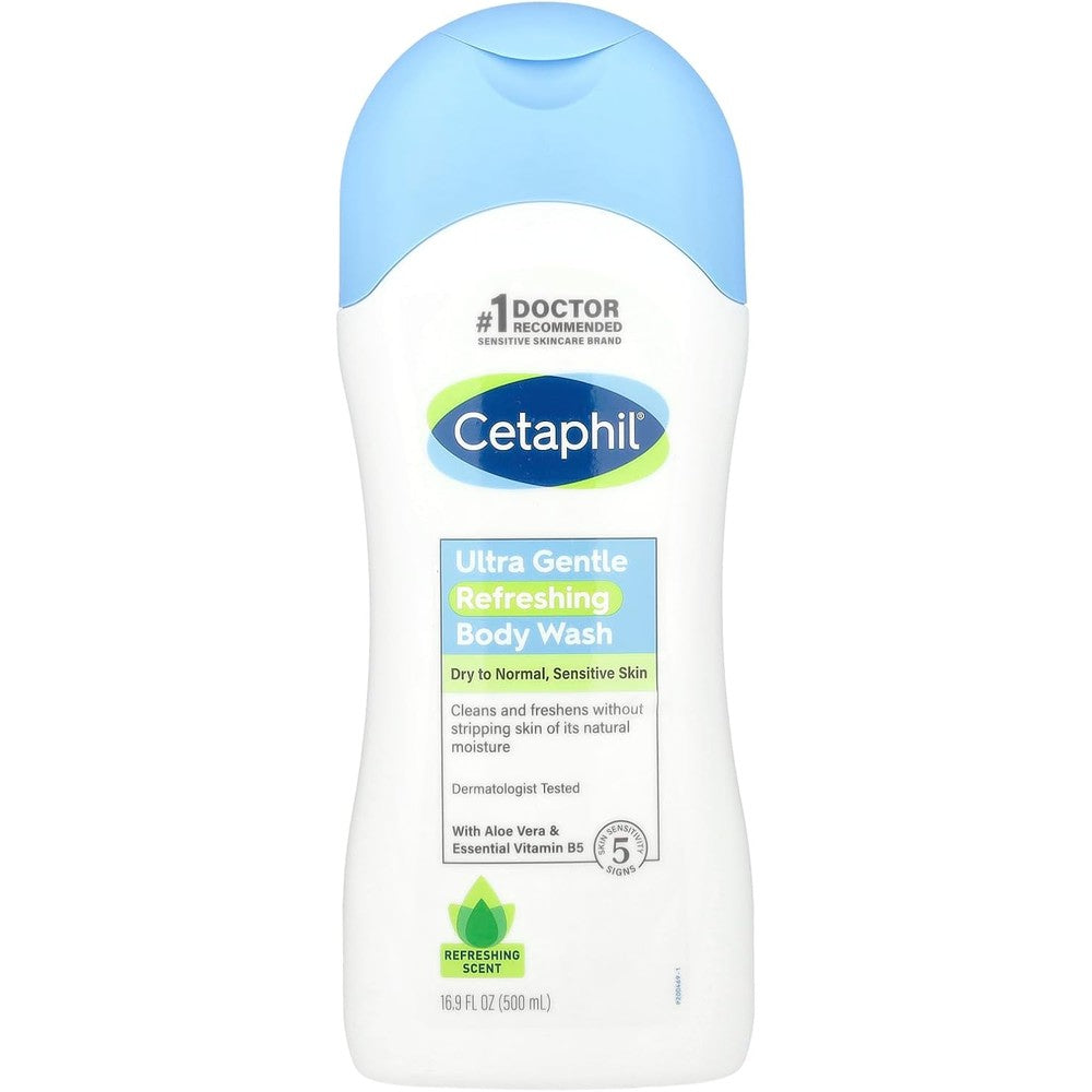 Cetaphil Ultra Gentle Body Wash Refreshing Scent front view of three pack bottles showcasing sensitive skin formula
