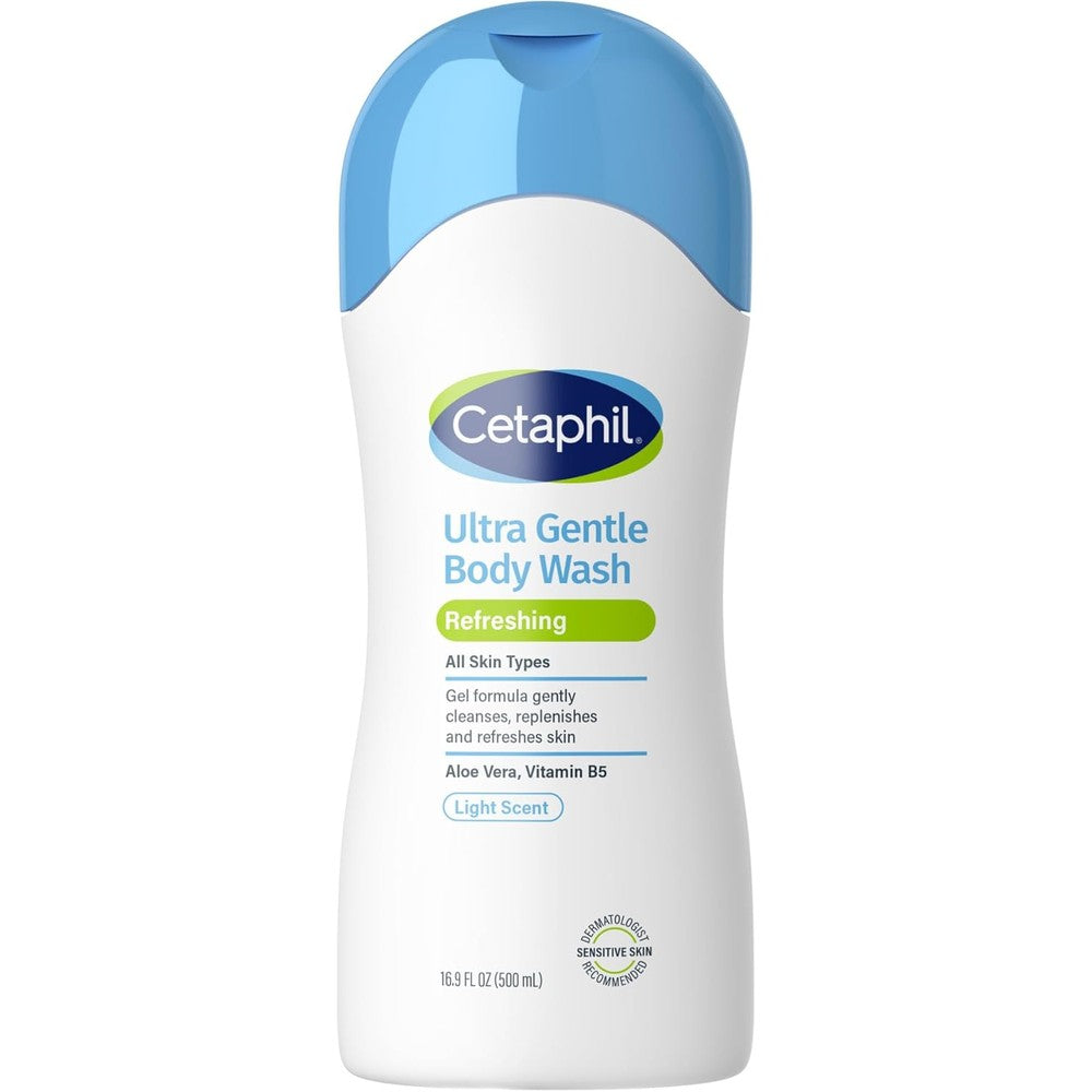 Cetaphil Ultra Gentle Refreshing Body Wash front view showing 16.9 fluid ounce bottle packaging