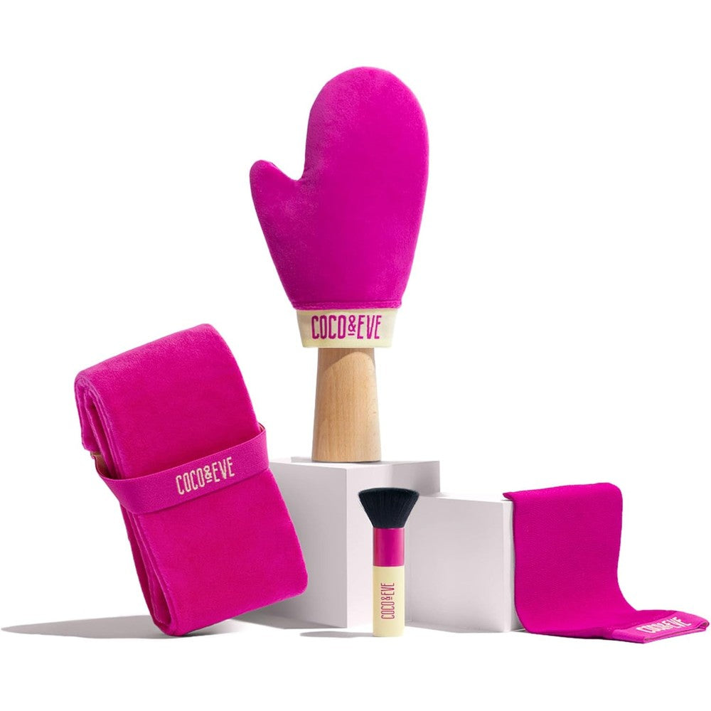 Coco and Eve tan accessories bundle front view with mitts and brush