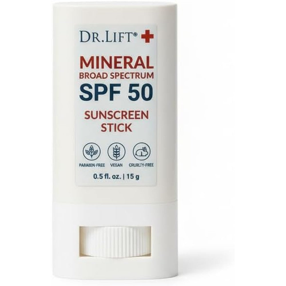 Dr. Lift Mineral Sunscreen Stick SPF 50 front view showing travel friendly packaging.