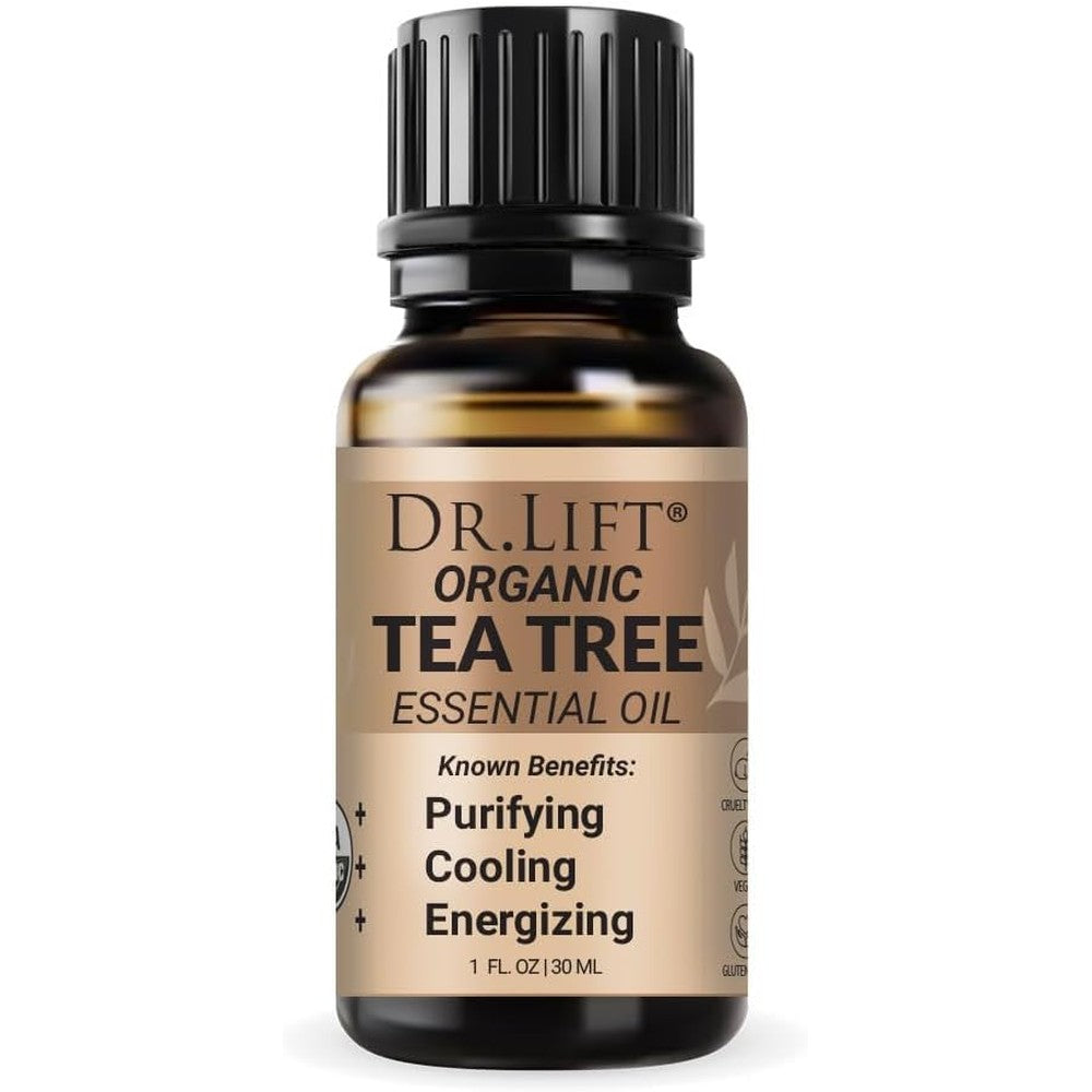 Dr. Lift Organic Tea Tree Essential Oil 1 Ounce bottle front view for organic acne care.