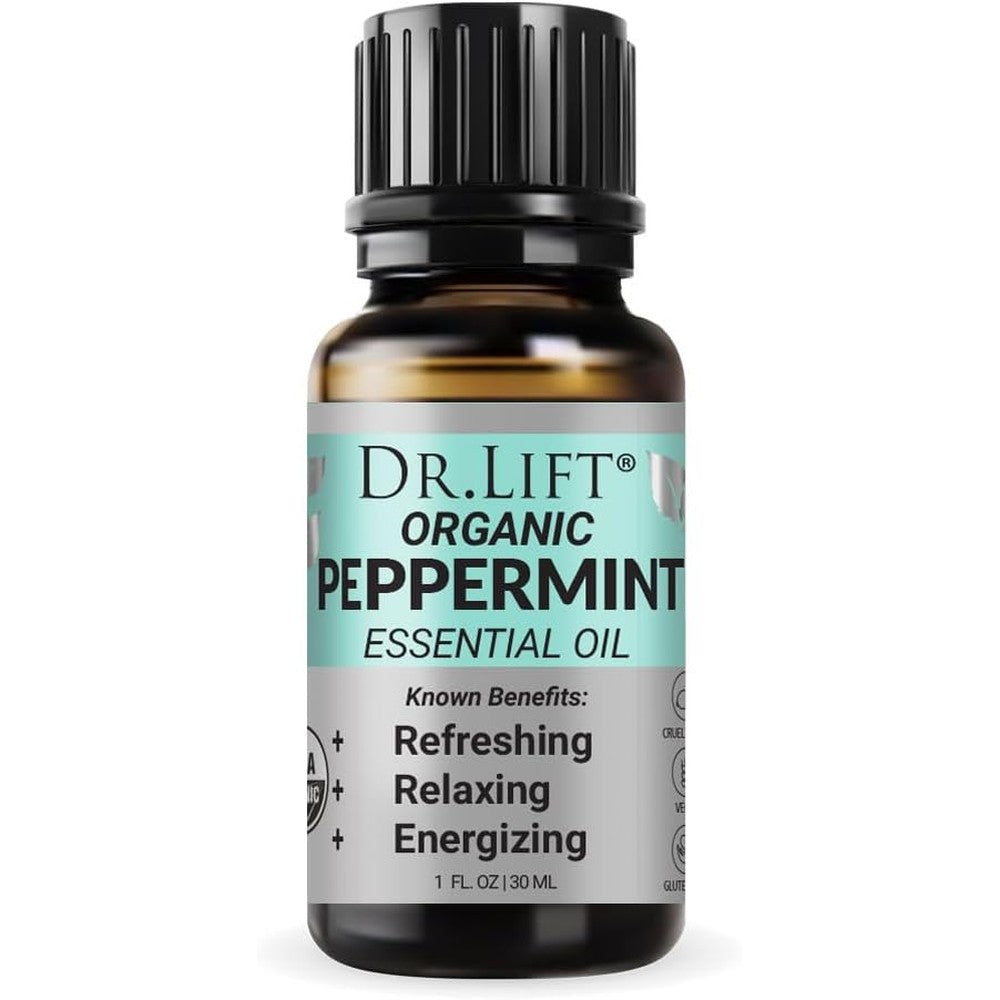 Dr. Lift Organic Peppermint Essential Oil 1 Ounce front view bottle for natural aromatherapy.