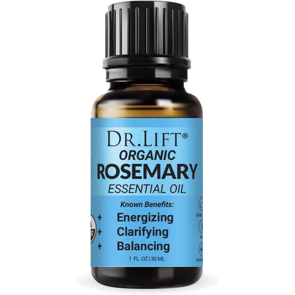 Dr. Lift Organic Rosemary Essential Oil front view bottle for natural hair growth remedies.