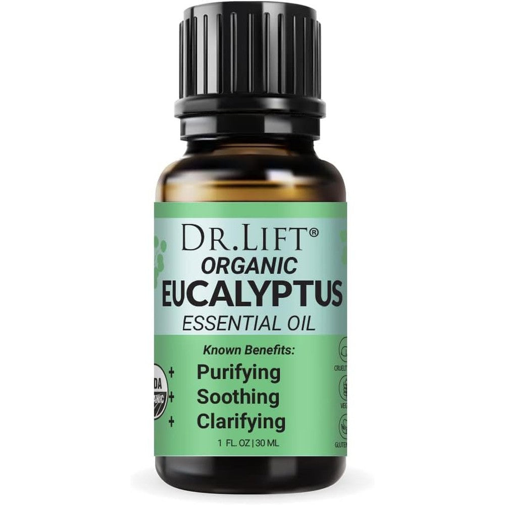 Dr. Lift Organic Eucalyptus Essential Oil 1 Ounce front view bottle for natural cold relief.