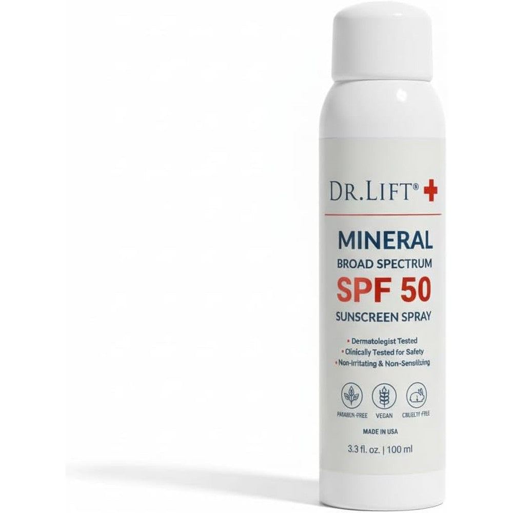 Dr Lift Mineral Sunscreen Spray SPF 50 front view of the white spray bottle showcasing broad spectrum protection.