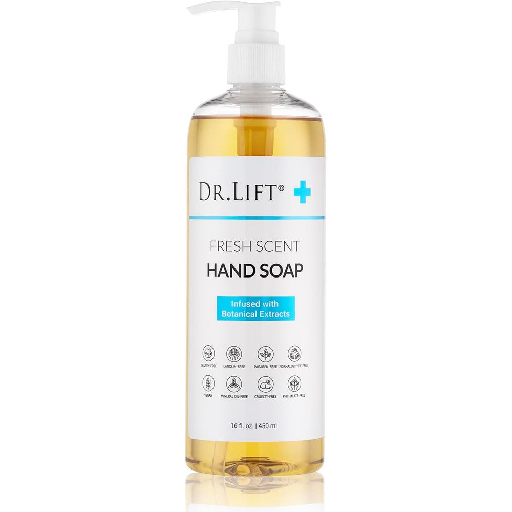 Dr. Lift Fresh Scent Moisturizing Liquid Hand Soap 16 Fluid Ounce front view bottle showcasing botanical extracts ingredients.
