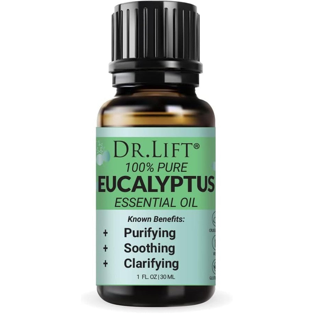 Dr. Lift Eucalyptus Essential Oil front view bottle for premium home aromatherapy.