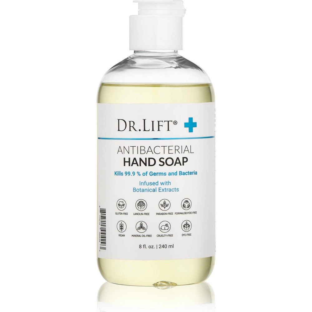 Dr. Lift Antibacterial Hand Soap front view clear bottle with white pump dispenser