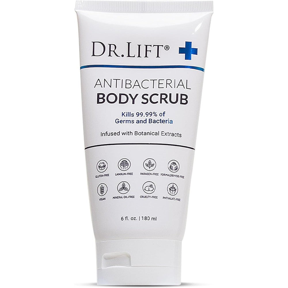 Dr. Lift Antibacterial Body Scrub front view of the 6 fluid ounce tube showcasing premium exfoliating body care