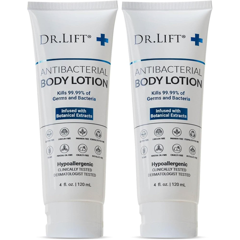 Dr. Lift Antibacterial Body Lotion front view showing the 4 ounce tubes in a pack of two