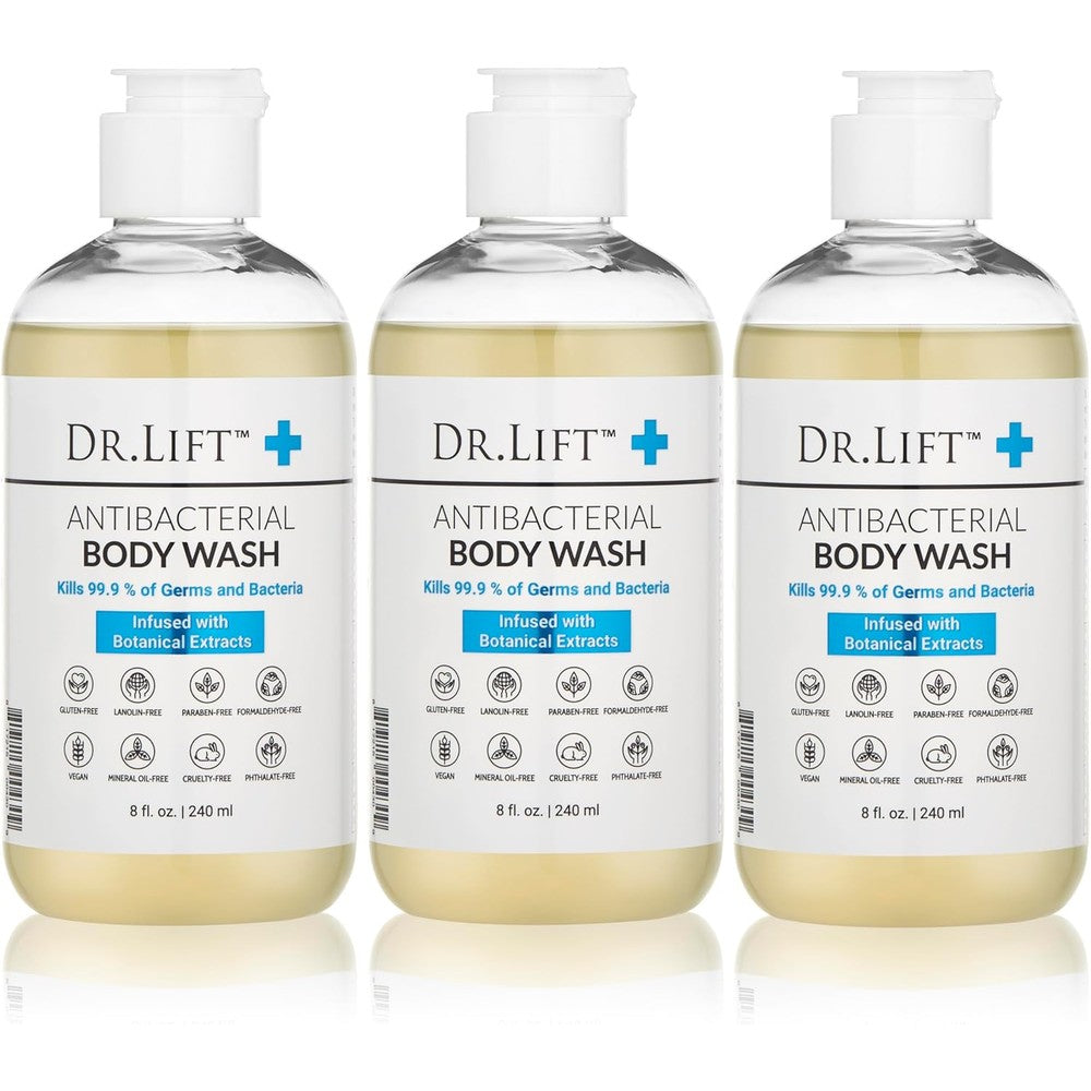 Dr. Lift Antibacterial Body Wash front view of the three pack bottles showing the refreshing shower gel packaging.