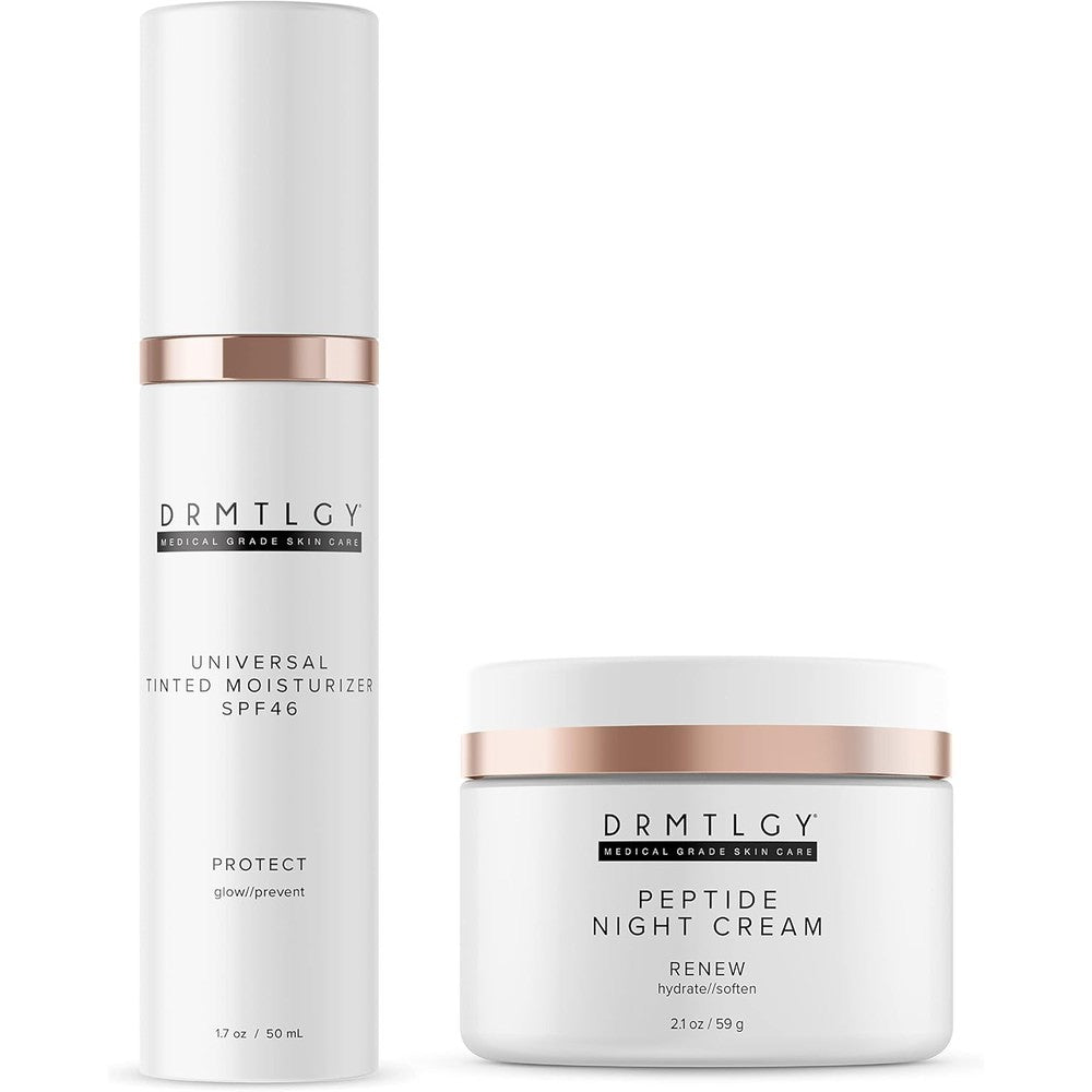 DRMTLGY Universal Tinted Moisturizer SPF 46 & Peptide Night Cream Set.