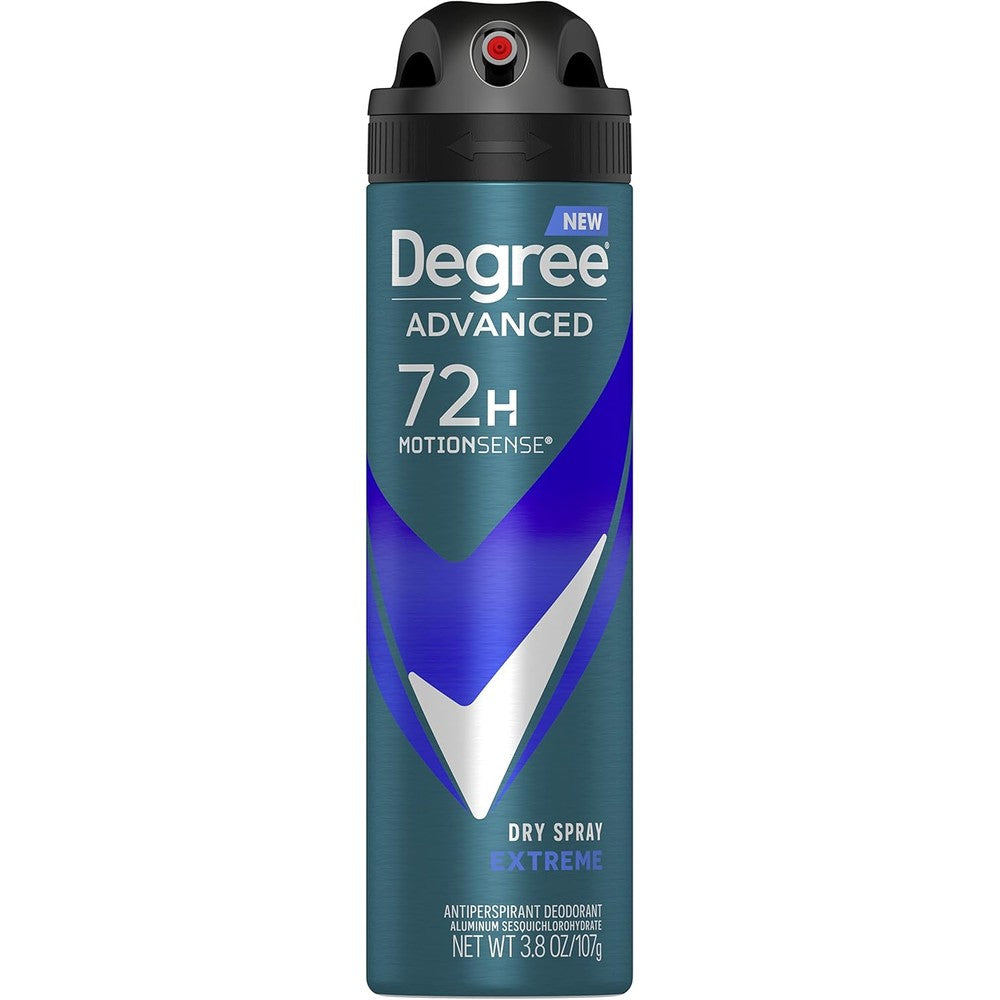 Degree Men Extreme MotionSense Dry Spray Antiperspirant Deodorant front view showing packaging details