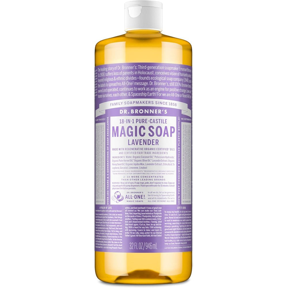 Dr. Bronner's Pure-Castile Liquid Soap 18-in-1 Hemp Lavender Multipurpose Cleanser For Face Body And Hair 32 Ounce