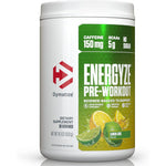 Dymatize Nutrition Energyze Pre Workout Powder front view of Lemon Lime flavor tub for sustained exercise energy