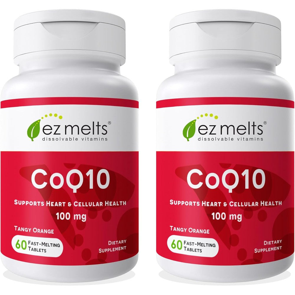 EZ Melts CoQ10 100mg front bottle view showing 120 dissolvable tablets product packaging.