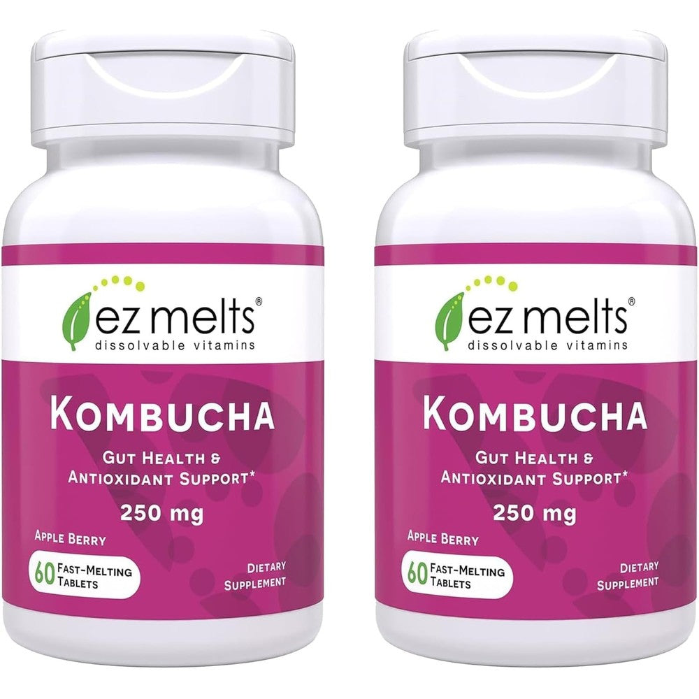 EZ Melts Dissolvable Sugar Free Kombucha Tablets 2 Pack front bottle view for gut health