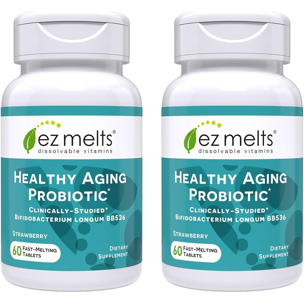 EZ Melts Healthy Aging Probiotic front view of bottle packaging showcasing strawberry flavor details.