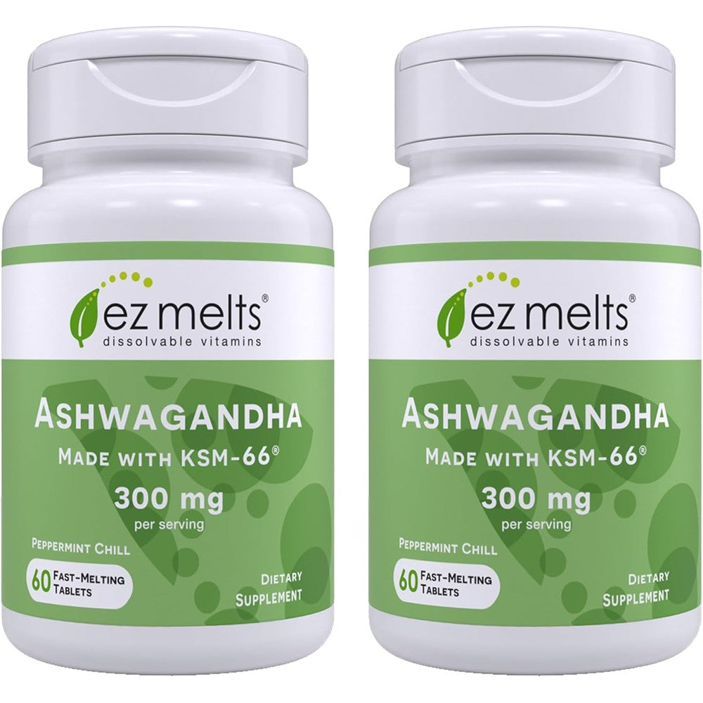 EZ Melts KSM-66 Ashwagandha dissolvable tablets front view packaging for stress relief