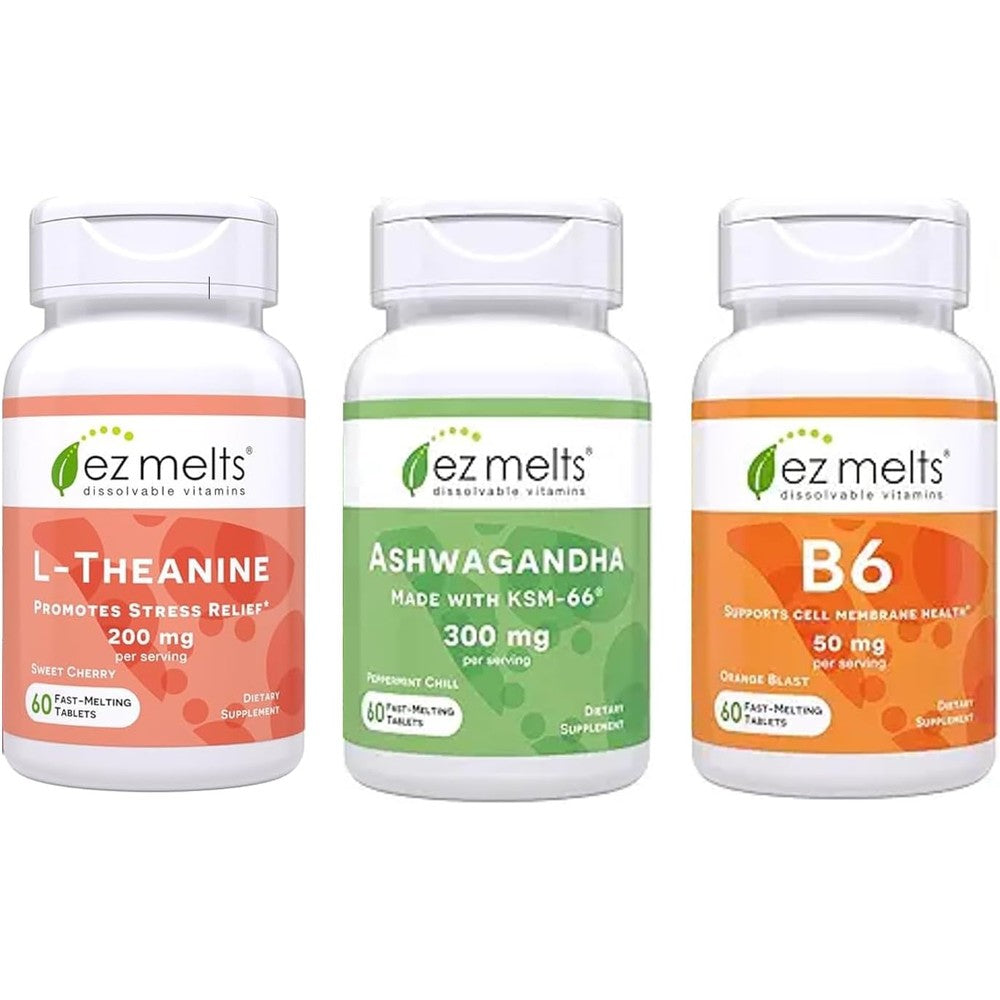 EZ Melts Stress and Mood Support Bundle front view showing authentic sugar free dissolvable supplement bottles.