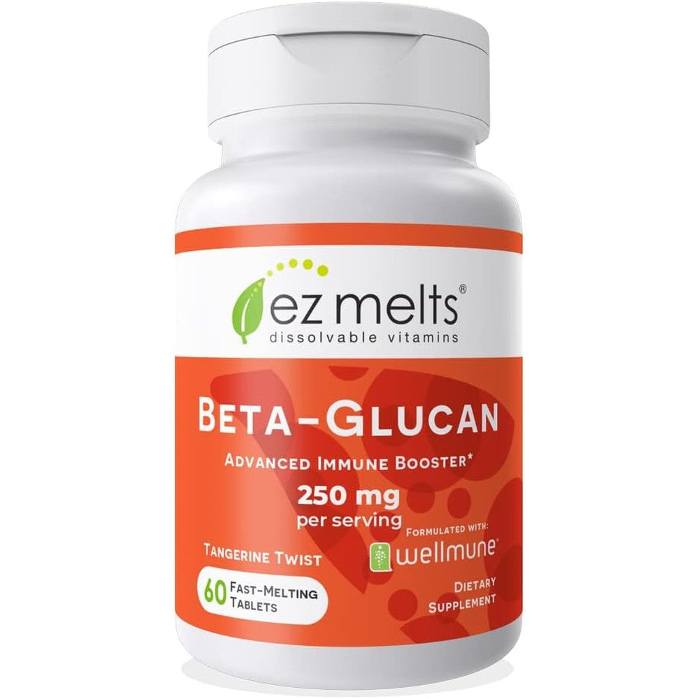 EZ Melts Beta Glucan 250mg bottle front view showing immune support supplement benefits.
