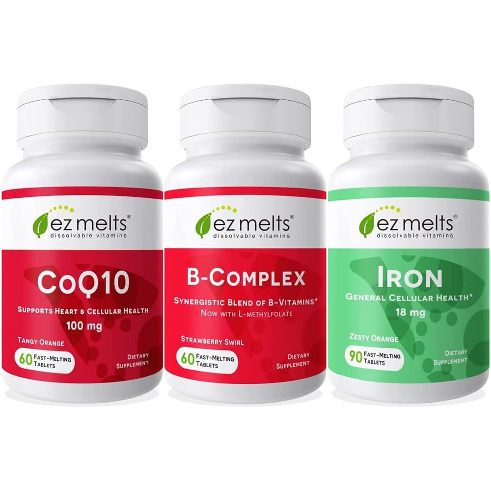 EZ Melts Essential Energy Bundle front view showcasing three supplement bottles containing B-Complex CoQ10 and Iron.