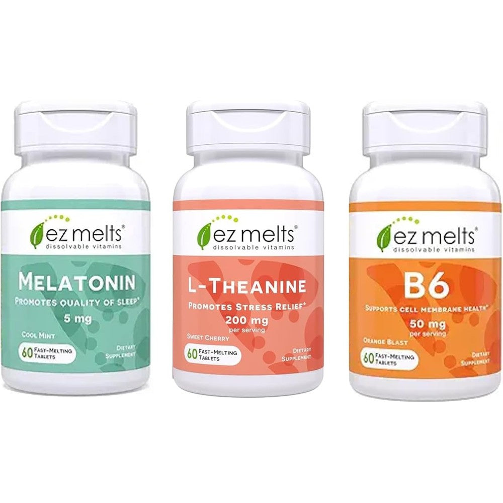EZ Melts Deep Sleep and Relaxation Bundle front view packaging showing fast dissolving zero sugar tablets for insomnia relief