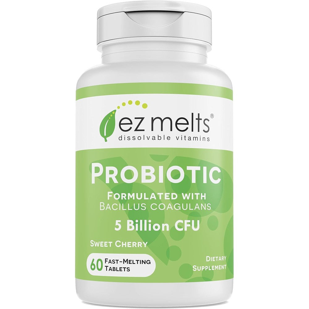 EZ Melts Probiotic 60 tablets front view bottle showing natural cherry flavor details.