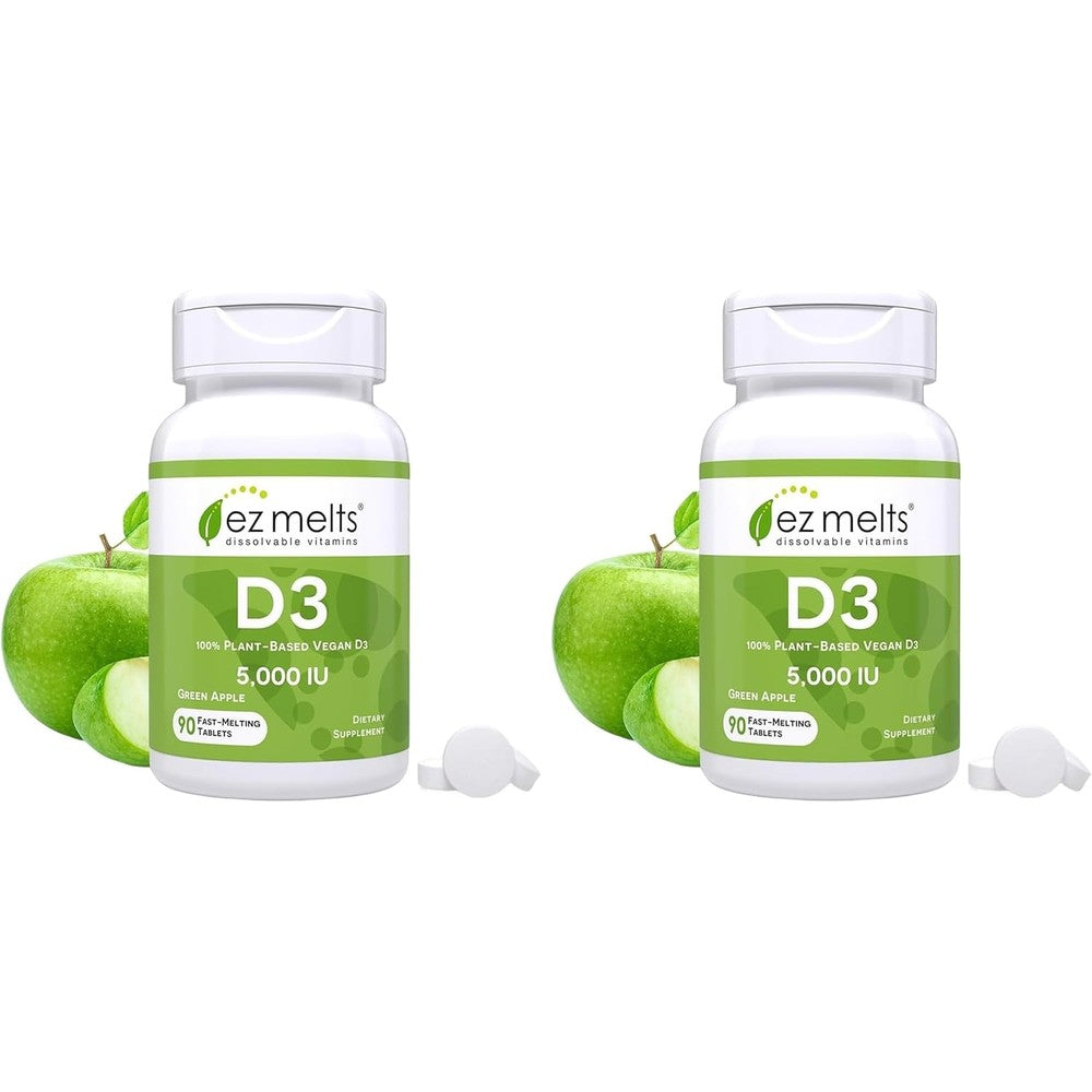 EZ Melts Vitamin D3 5000 IU fast dissolve sublingual tablets pack of 2 front view showing green apple flavor label
