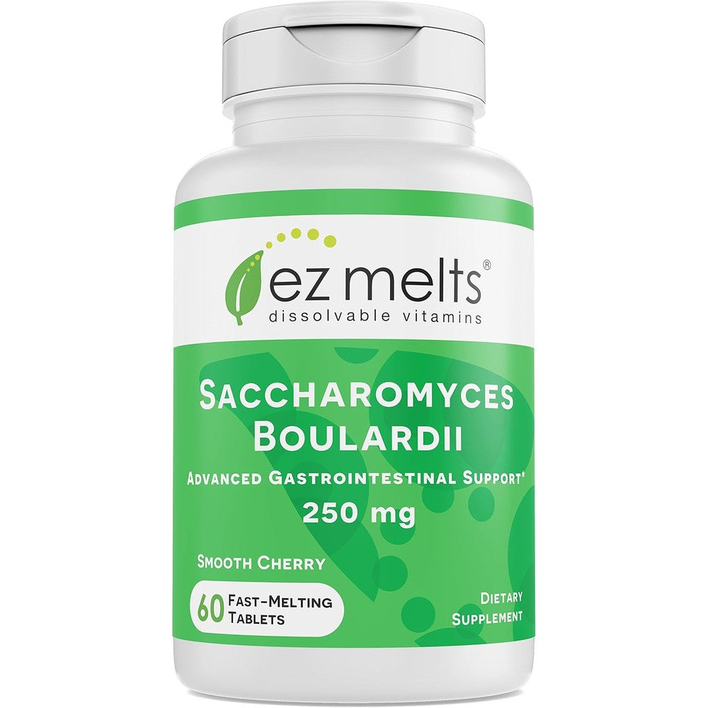 EZ Melts Saccharomyces Boulardii 250 mg front bottle view showing sublingual gut health supplement