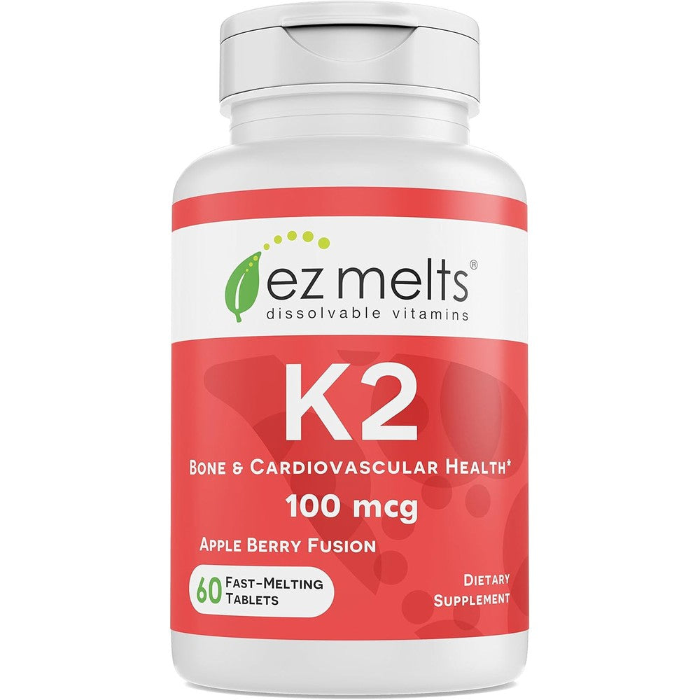 EZ Melts Vitamin K2 sublingual tablets front packaging view for bone and heart health support.
