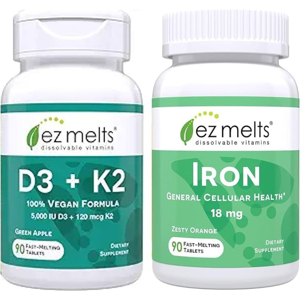 EZ Melts Iron Supplement and Vitamin D3 K2 Bundle packaging front view showing dissolvable tablets.