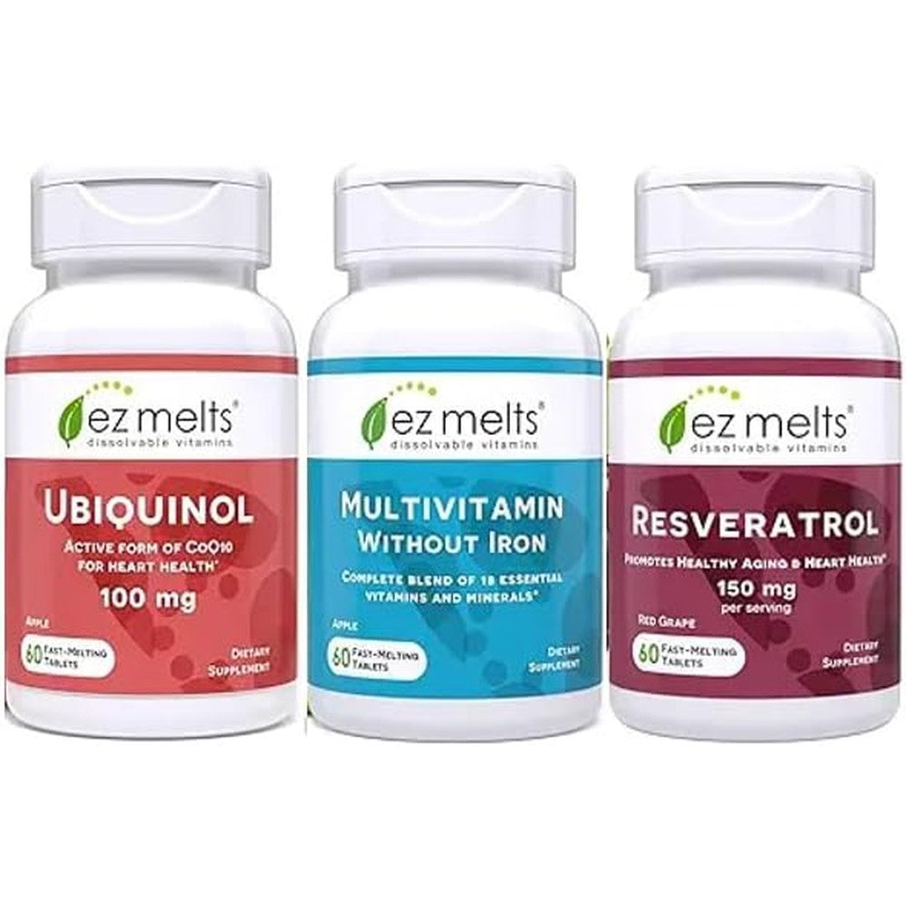 EZ Melts Overall Wellness and Longevity Bundle front bottle view featuring authentic sugar free dissolvable vitamins