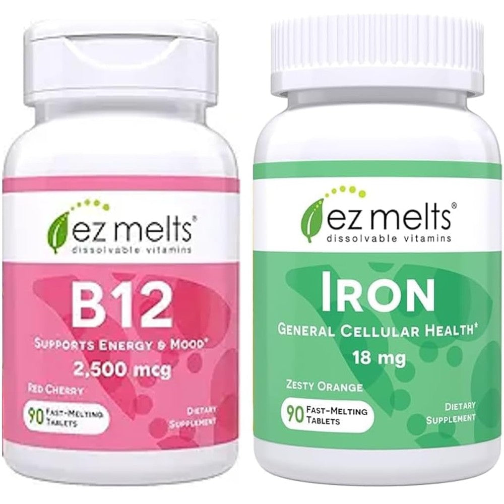 EZ Melts B12 Sublingual Vitamin and Iron Supplement Bundle bottle front view showcasing premium wellness tablets.