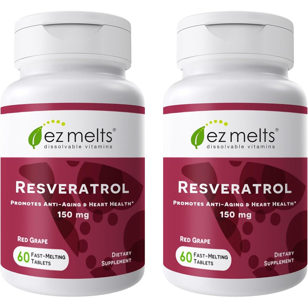 EZ Melts Dissolvable Resveratrol Supplement 150 mg 2 Pack front bottle view for daily heart health
