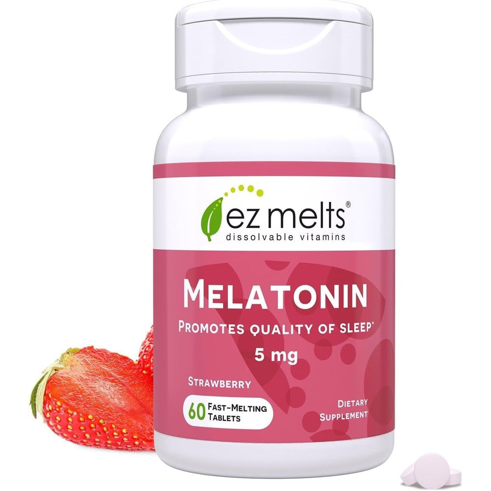 EZ Melts Melatonin 5mg Strawberry 60 Dissolvable Tablets front bottle view for sleep support.