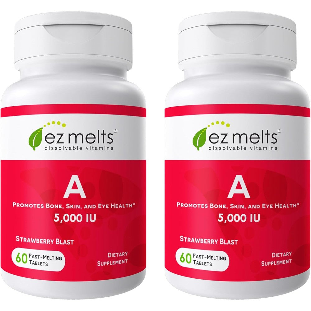 EZ Melts Vitamin A front view bottle showcasing the strawberry flavor and fast dissolving feature.