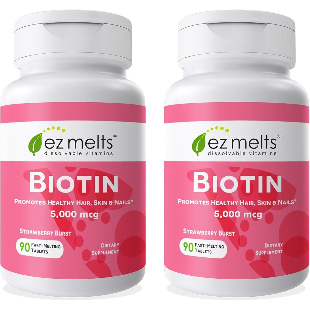 EZ Melts Biotin 5000 mcg 180 dissolvable tablets front bottle view for daily hair growth supplement