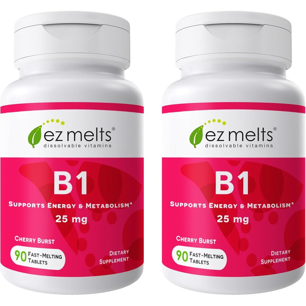 EZ Melts Dissolvable Vitamin B1 25 mg bottle front view showing cherry flavor label for energy support.